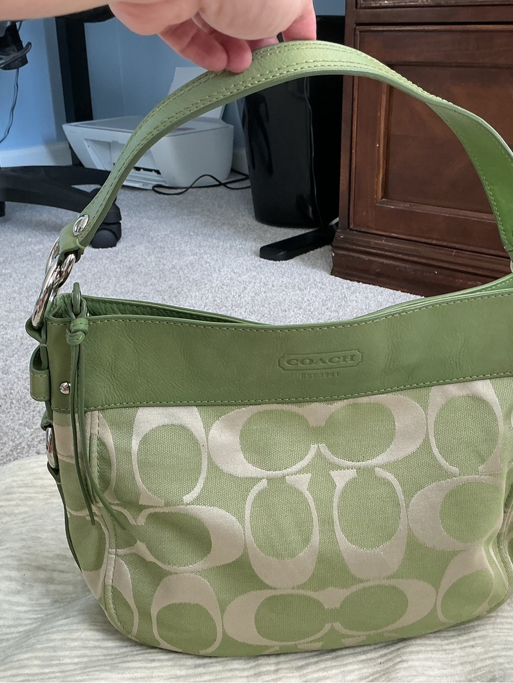 Coach Green Signature Canvas Shoulder Bag with Leather Trim
